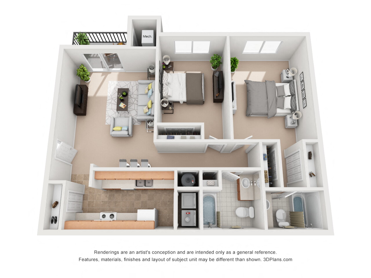 Floor plan for 2 beds, 2 baths, 961 sqft